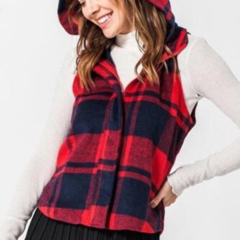 Favlux Plaid Hoodie Short Crop Zip Up Vest Women’s - Red/Navy || Med EUC